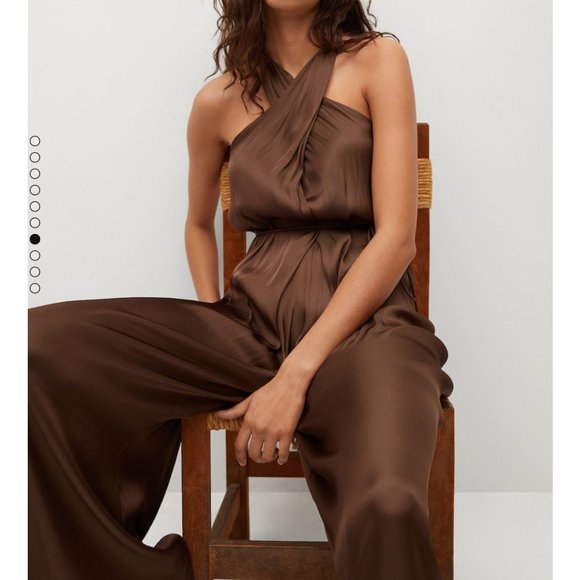NWT Mango LIMITED EDITION silky look satin jumpsuit in brown - Picture 1 of 10